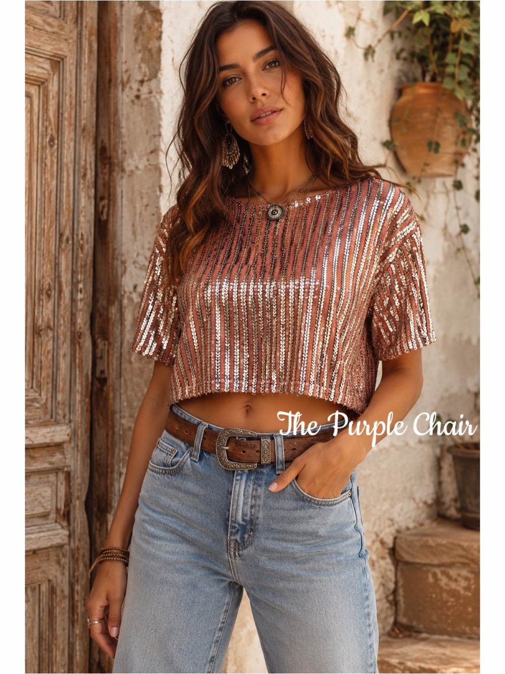 BUDDY LOVE NWT Short Sleeve Sequin Striped Crop Top L